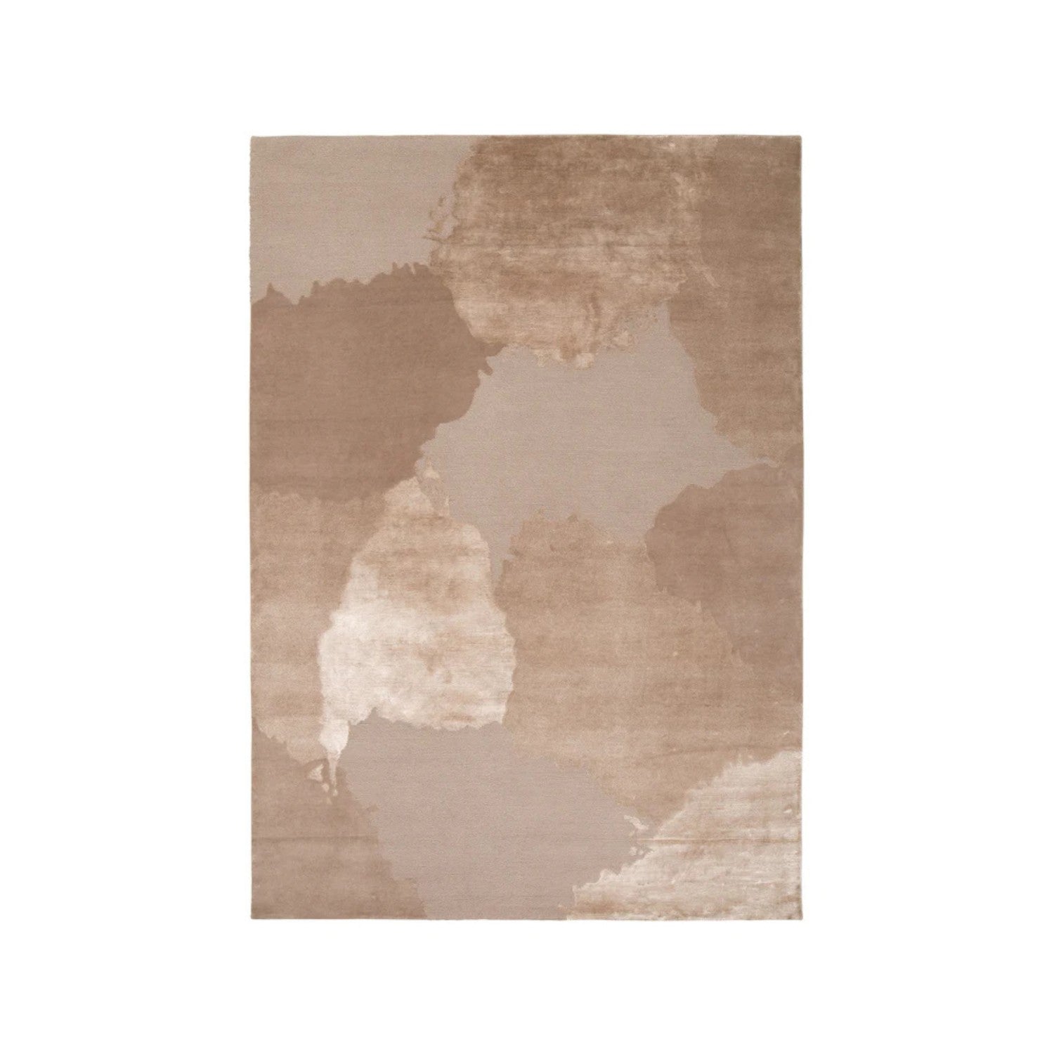 Rug with abstract brown and beige design on a white background